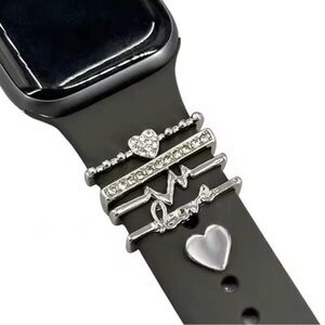 NWT-Silver Heart & Crystal Charm Set for Black Smartwatch Band